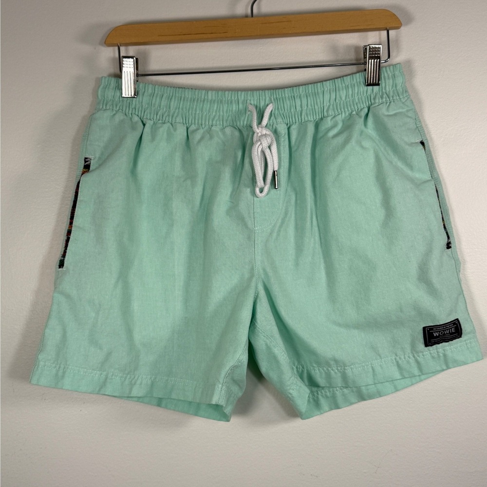 Wowie Shorts Men L Casual Woven Trim Mint Green Drawstring Surfer Indie Festive